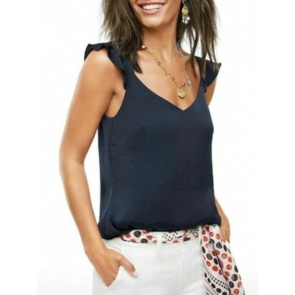 Cabi Handy Cami Navy Blue Ruffle Strap V-Neck Textured Tank Top 5728 Womens Med